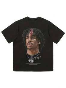 Men's Streetwear Oversized Ja Morant Feature T-Shirt. Premium Cotton T-Shirt With Striking Artwork Of The Basketball Icon, Vibrant Hair, '12 BOOKPLAN' Chain And Signature. Street Aesthetic, Modern Style And Unique Look. Perfect For Bold, Different And Full Of Personality. - 黑色 - 查看 1
