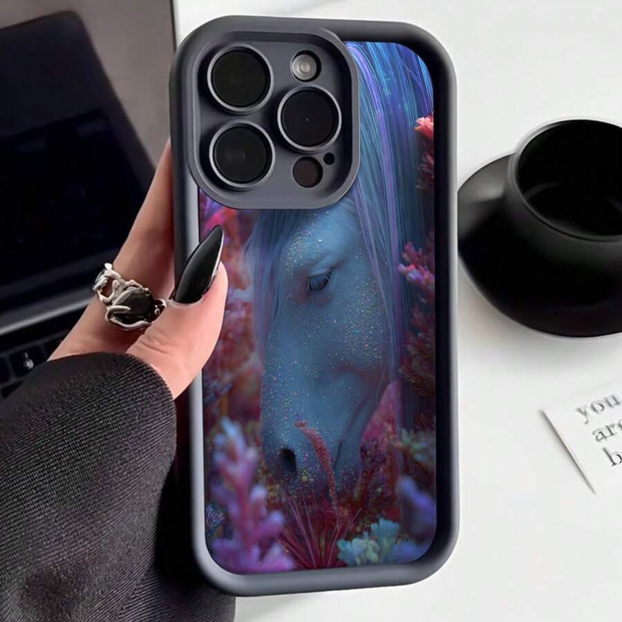 Cubierta de telefono con borde negro diseño de caballo azul con flores coloridas para iPhone 14 Pro Max estilo artístico ideal para uso diario y regalos - Burdeos - Ver 1