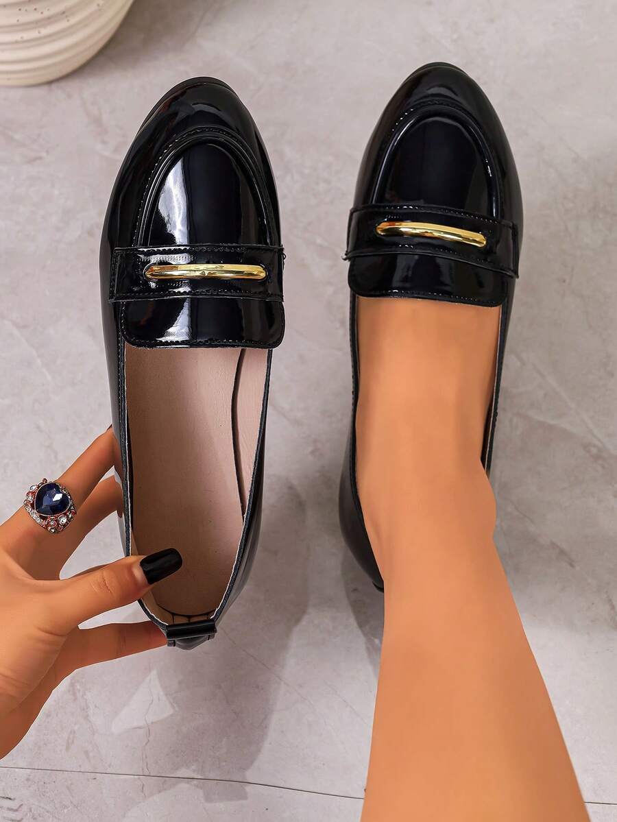 女士时尚圆头套脚休闲鞋，舒适通勤百搭芭蕾平底鞋，适合春秋季节，大码尺码 - 黑色 - 查看 1