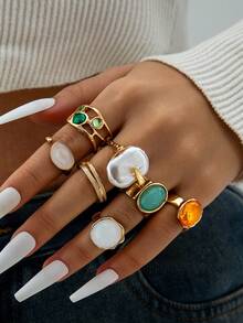 imoli 7pcs Vintage Baroque Style Faux Gemstone & Pearl Creative Personalized Jewelry Ring Set, Suitable For Daily Wear, Casual, Date, Party, Gift - Multicolor - View 5