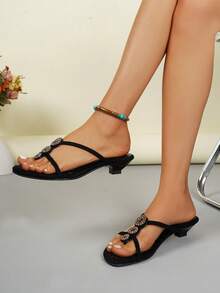 Teenage Girls' Bohemian Crystal Embellished Sandals, Summer Wedge Thong Slippers, Embroidered Rhinestone Beach Shoes, Versatile For Party, Holiday, Banquet - Black - View 7