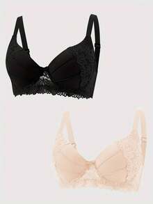 2 piezas Conjunto de sujetador con aros y relleno elegante y sexy, con tirantes ajustables y encaje, lencería suave y transpirable para mujeres - Multicolor - Ver 3