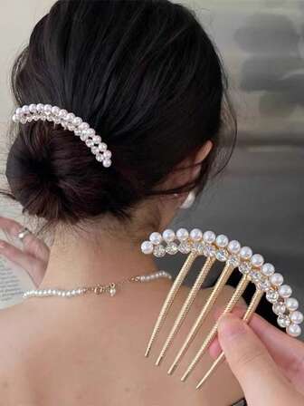 1pcsAlloy Faux Pearl Hairpin Comb For Women Rhinestone Hair Side Comb Elegant Hair Accessories For Daily Use