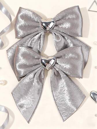2pcs Shiny Silver Fabric Hair Bows For Girls Sparkling Silver Bow Hair Clips Laser Silver Love Bow Alligator Clips Fashionable Holiday Birthday Party Hairpins Clips Casual Daily Barrettes Teens Hair Accessories