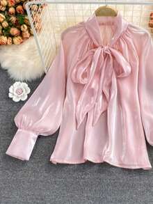 Satin Bowknot Tie Cuff Long Sleeve Blouse, Niche Luxury Elegant Women's Clothing, Shimmering Pink Top - Baby Pink - View 5