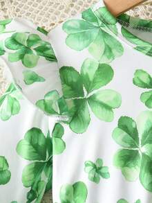 Girls St. Patrick's Day Casual Mesh Dress, Clover Print Green Mesh Long Sleeve Round Neck Princess Dress - Green - View 3