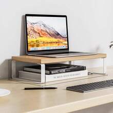 1pc Wooden Computer Monitor Riser Stand, Steel Frame With Wooden Surface, Display Holder Desk Organizer