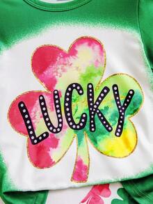 2件套女童圣帕特里克节“幸运”字母和三叶草图案柔软针织短袖T恤和喇叭裤套装，适合户外穿着，春夏皆宜 - 綠色 - 查看 5