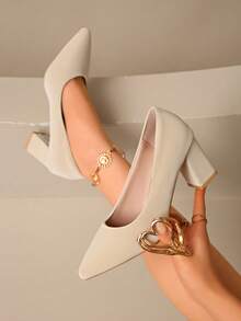 Women's Chunky Heel Pumps, Beige, Minimalist Design, Versatile, Suitable For Teenagers, Spring/Autumn - Beige - View 2