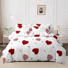 3pcs Heart Pattern Printed Duvet Cover Set, White Base Color With Red Heart (Solid Heart, Patterned Heart) And Small Snowflake Decorative Patterns, Warm And Romantic Style, Machine Washable, Suitable For All Seasons (1 Duvet Cover + 2 Pillow Shams, No Insert), Ideal For Bedroom And Guest Room Bedding Decor - White - View 1