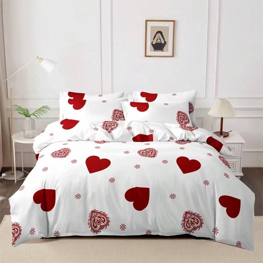 3pcs Heart Pattern Printed Duvet Cover Set, White Base Color With Red Heart (Solid Heart, Patterned Heart) And Small Snowflake Decorative Patterns, Warm And Romantic Style, Machine Washable, Suitable For All Seasons (1 Duvet Cover + 2 Pillow Shams, No Insert), Ideal For Bedroom And Guest Room Bedding Decor - White - View 1