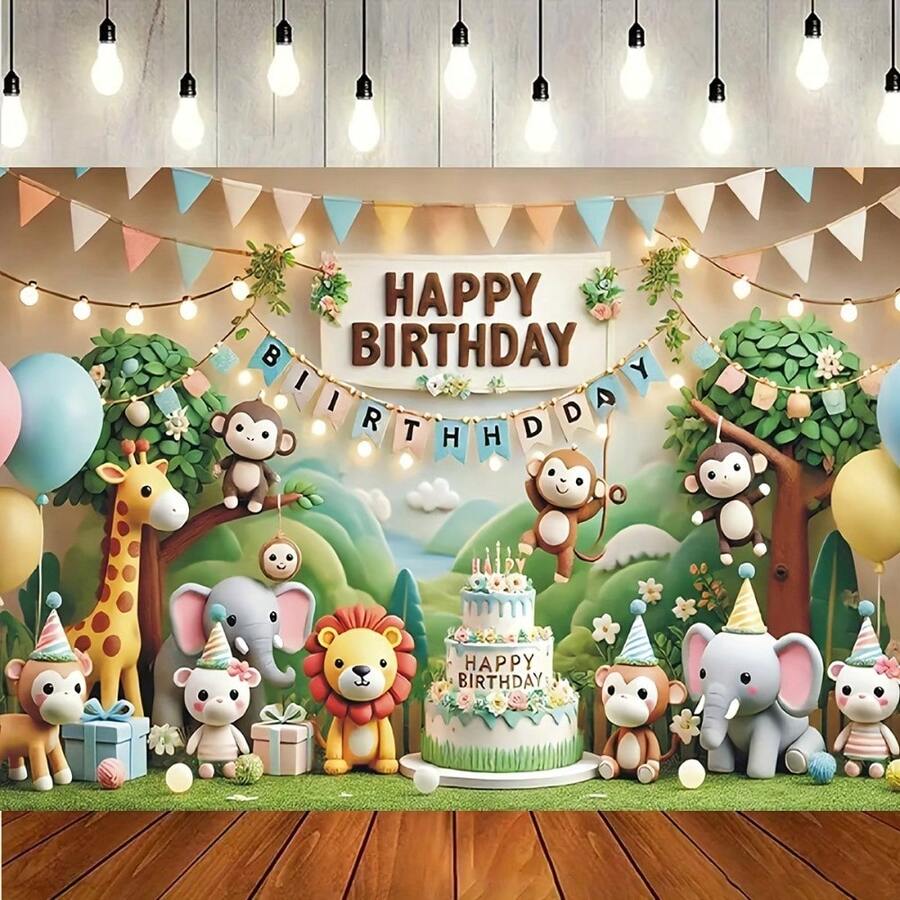 1 pièce Toile de fond d'anniversaire avec animaux sauvages de la forêt - Thème d'animaux de la jungle avec feuilles, singes, éléphants et décoration de gâteau - En polyester, sans alimentation électrique - Convient pour les accessoires et la décoration de fête d'animaux sauvages de la jungle - Militaire verte - Voir 1