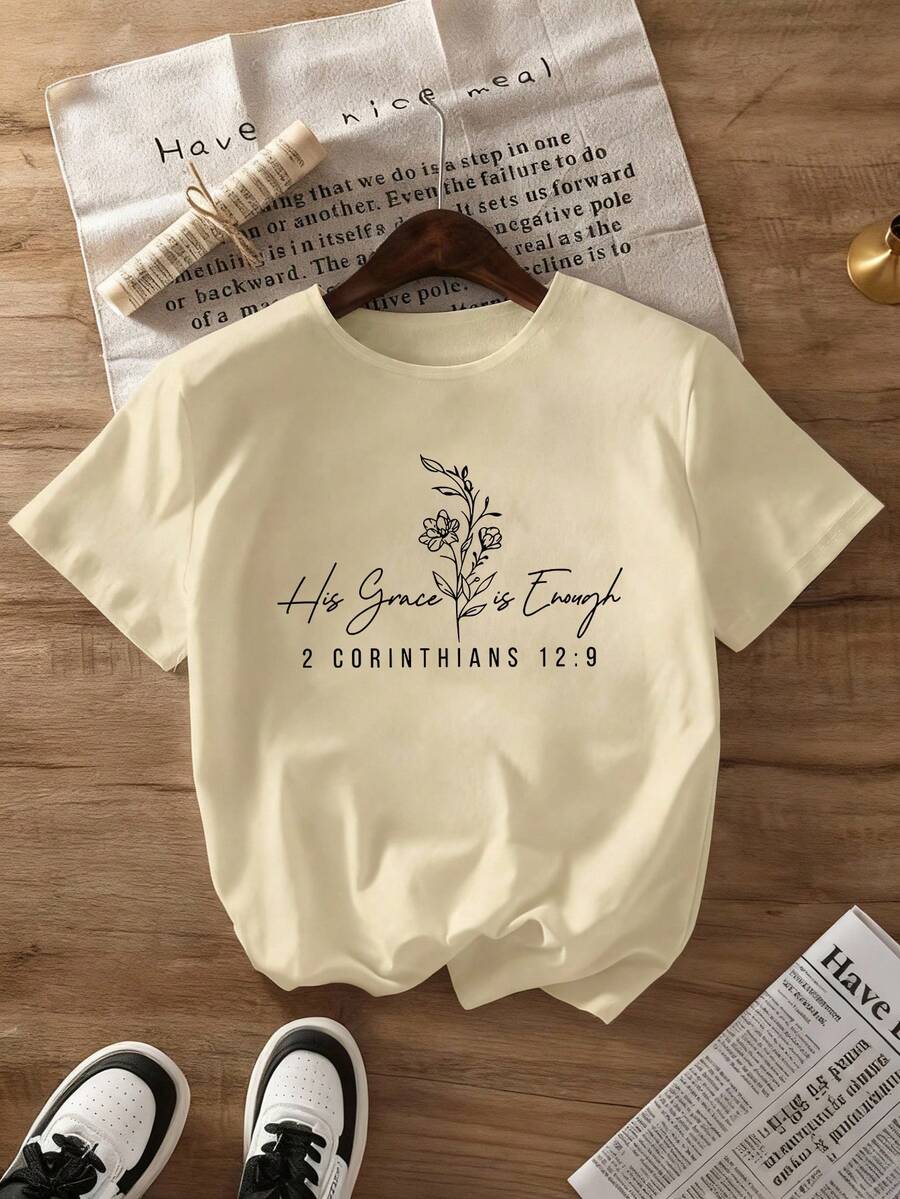 Camiseta con estampado de letras, de manga corta y cuello redondo, top casual para primavera/verano, de manga corta a la moda, camiseta de mujer cómoda de cuello redondo, camiseta casual diaria de mujer, ropa de verano, ropa de mujer, casual versátil, ropa de mujer de otoño, ropa de invierno, ropa exterior - Albaricoque - Ver 1