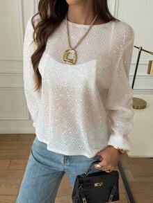 New White Sequin Sheer Blouse, Elegant Round Neck Lantern Sleeve Design, Button Back Loose Flattering Soft Casual Long Sleeve Shirt For Women - White - View 6