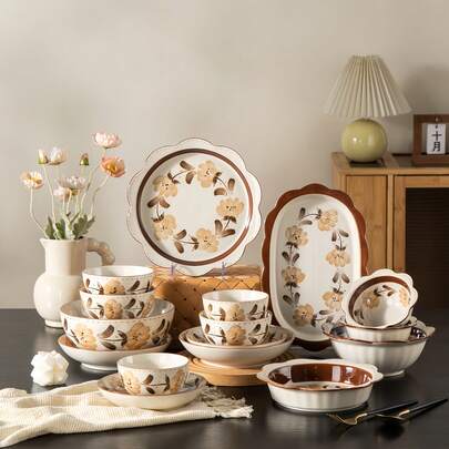 Vintage Hand-Painted Floral Dinnerware Set - Featuring Unique Lotus Leaf Edges, Underglaze Craftsmanship. Ideal For Serving Steak, Pasta, Curry, Cheese, Salad And Fruit. Perfect For Everyday Use, Restaurants, Parties, Weddings And Gifting.