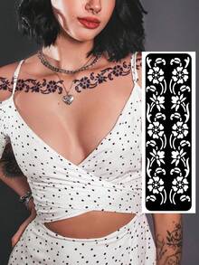 Hana Hand Drawn Tattoo Hollow Template Minimalism Hana Bride Elegant Lace Mandala Flower Pattern Sticker Suitable For Hands, Feet, Shoulders, Neck, Collarbone Semi Permanent Fake Tattoo Sticker 1 Pack - Black - View 13