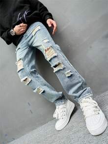 ‌Jeans azules de hombre con rotos y parches, estilo callejero americano - Azul - Ver 5