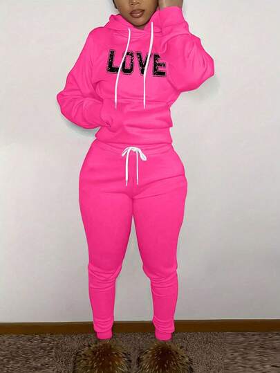 Women Letter Print Thermal Lined Drawstring Hoodie And Pants Casual Two-Piece Set, Autumn/Winter
