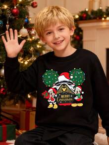 Disney Christmas Element Mickey Mouse Cartoon Pattern Print, Autumn And Winter Children's Round-Neck Sports Hoodie, Suitable For Boys' Daily Play Wear, Long-Sleeved Top, Perfect As A Christmas Gift - 黑色 - 查看 2