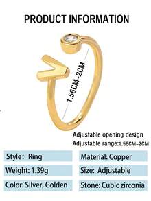 1 st guld ring, fashionabla mini singelzirkonia 26 engelska alfabetet släta bokstavsringar, öppna fingerringar för kvinnor, söta och eleganta smycken med versaler - SJZ-085-2 - Visa 3
