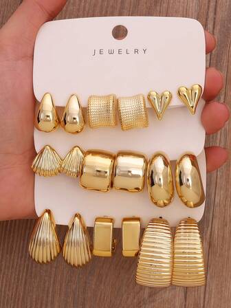 1-9 Pairs Gold CCB Resin Women's Earring Set, Teardrop Minimalist Geometric Exaggerated C-Shaped Stud Earrings, Shell Heart Design, Bohemian Arabic Style, Eid Al-Fitr Jewelry, Holiday Essential Festival Accessory Set, Suitable For Daily Wear, Work, Travel, Wedding, Christmas, New Year, Valentine's Day, Also A Great Teacher's Day Gift For Women, Girls, Moms, Wives, Girlfriends