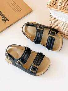 1 par de sandalias planas de moda para niños, ligeras, sencillas, cómodas y versátiles, sandalias de niños/niñas con punta abierta - Negro - Ver 5