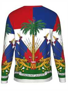 Men'S Long-Sleeve Shirt With Haitian Flag And Cultural Elements | Street Style Casual Long-Sleeved T-Shirt, Crew Neck, Regular Fit, Slight Stretch Fabric, All Over Print - Mixed Color - View 3