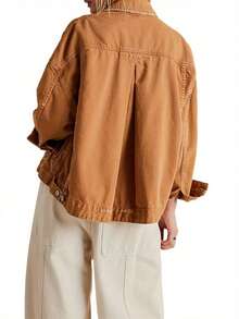 Camel Distressed Oversized Denim Shacket – Vintage Button Down Jacket For Women - Brown - View 2
