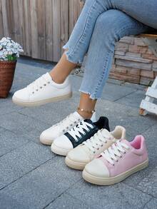 Women's Classic Black & White Contrast Low-Top Flat Student Casual Sneakers. Solid Color Lace-Up Sporty Casual Shoes. Casual & Fashionable, Versatile For Daily Wear And Commuting - White - View 6
