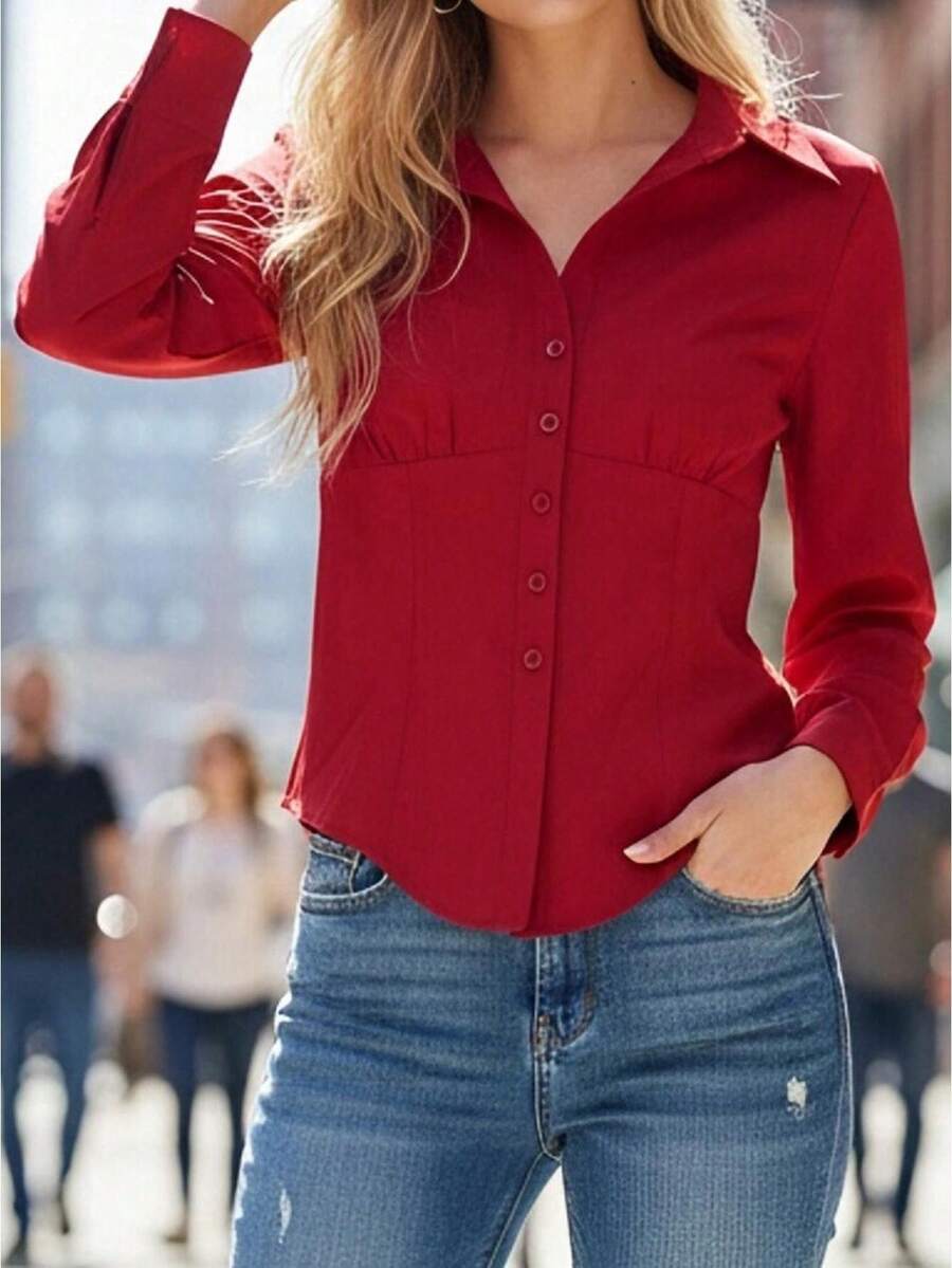 Womens Fall Shirts Button Down Long Sleeve Lapel V Neck Casual Solid Color Slim Fit Peplum Blouses - 紅色 - 查看 1
