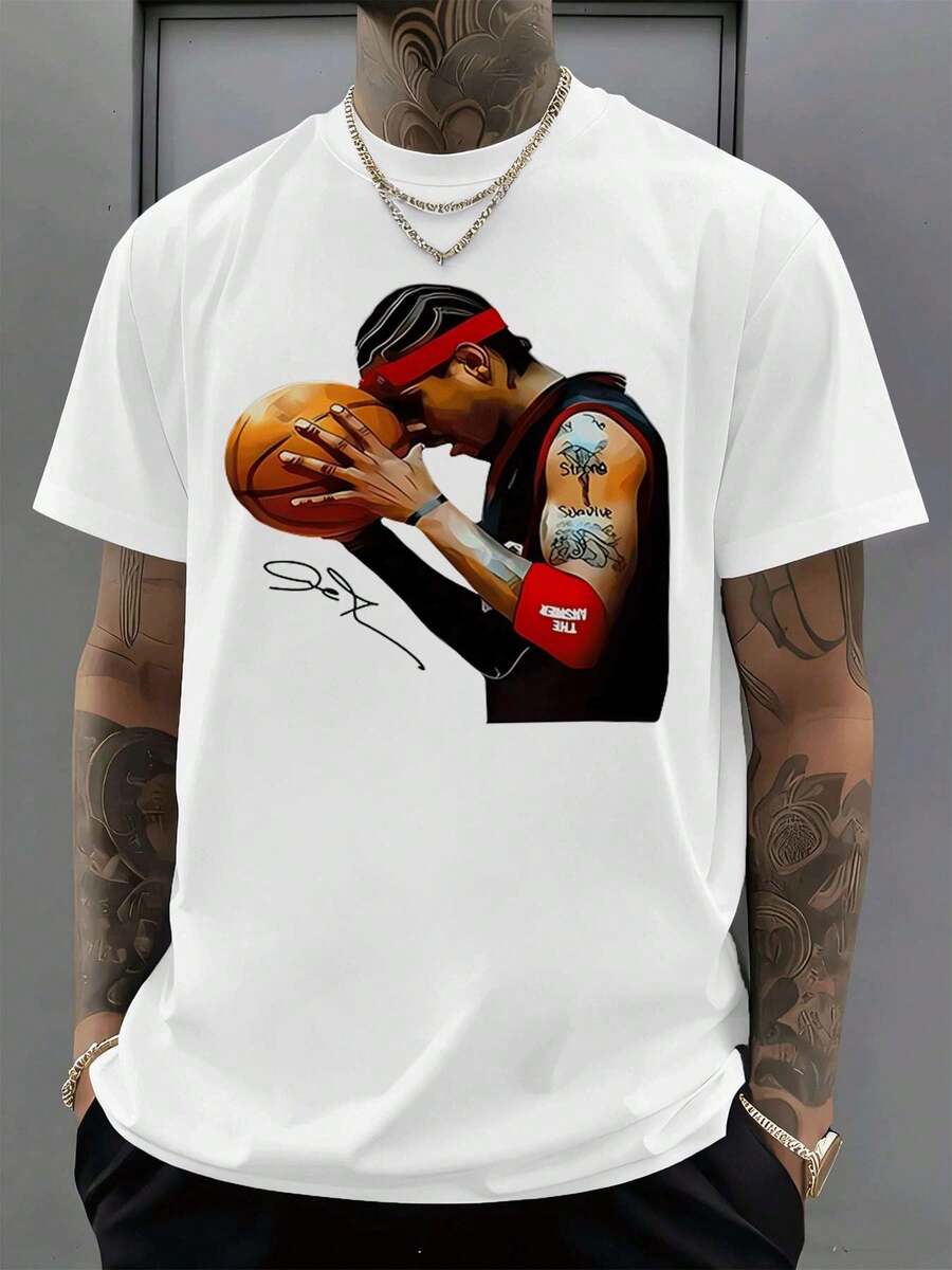 PLUS SIZE Basketball Player Graphic Print Tee Soft Cotton, Easy Fit, Casual, Comfortable, Unique Graphic Print, New Release - White - View 1
