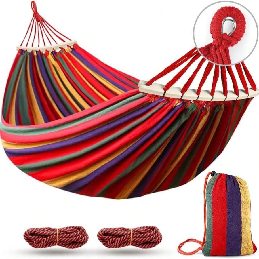 Camping Hammock 1200lb Upgraded Thickened DurableCanvas Fabric Double Hammocks With Two Anti RollBalance Beam And Sturdy Metal Knot Tree Straps ForCamping, Patio, Backyard, Outdoor