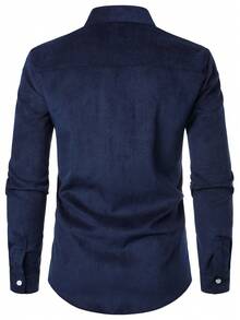 Áo sơ mi nam dài tay vải nhung kẻ caro chắp vá họa tiết kẻ caro tương phản thường ngày - Màu xanh hải quân - Xem 3