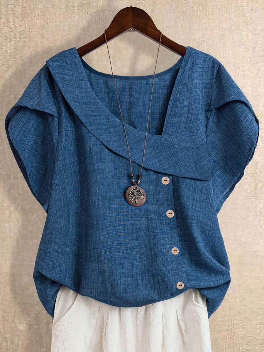 YFY Plus Size Tricou pentru femei cu mânecă scurtă, culoare solidă, guler asimetric, mânecă evazată, material țesut ușor, casual, potrivit pentru ieșiri de primăvară și vară - Albastru denim - Vizualizare 1