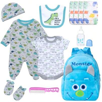 zxr PEDOLLTREE - Juego de 12 piezas de muñecas de bebé renacido accesorios de traje de dinosaurio azul para muñeca renacida de 17 a 22 pulgadas niño recién nacido con mochila monstruo pañal121