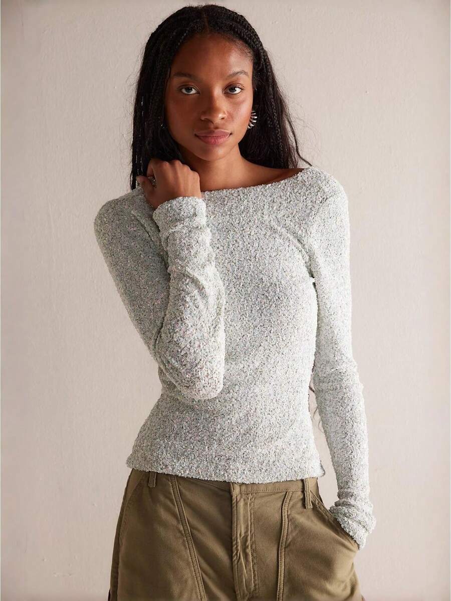 Women's Y2K Vintage Elegant Light Mint Green Sequin Textured Slim Fit Off Shoulder Long Sleeve Blouse - Silver - View 1