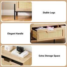 Cómoda doble de ratán natural con 6 cajones: mueble de madera rústica con estructura y patas de metal para dormitorio, salón y entrada. - Color roble - Ver 6
