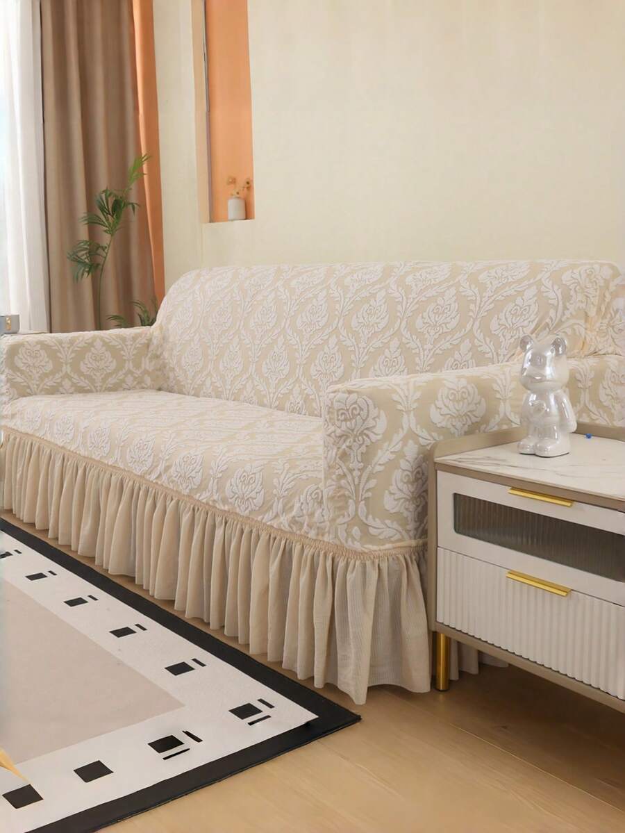 提花天鹅绒印花沙发套，带弹力全裙边，简约现代的聚酯纤维面料，适合客厅和家庭使用。 - 米色 - 查看 1