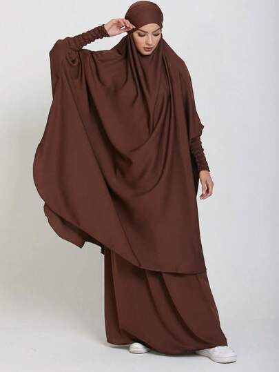 2pcs Nida Fabric Women Loose Comfortable Khimar Abaya Dress Set, Elastic Sleeve Design, Loose Fit, Conservative, Suitable For Women's Daily Wear, Prayer Hijab Jilbab