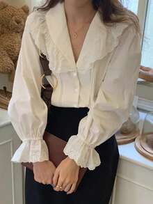 女士休闲复古衬衫，翻领灯笼袖宽松上衣，纯色梭织面料，前襟纽扣开合，优雅百搭，适合办公室、日常穿着，春夏白色 - 白色 - 查看 5