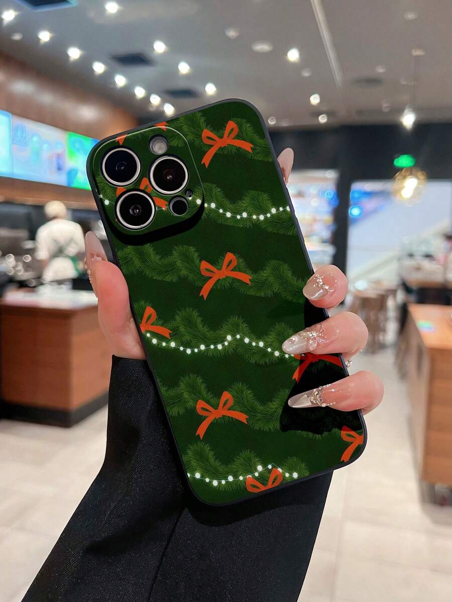 Estuche para teléfono con patrón de guirnalda y lazo navideño Compatible con fundas para teléfonos 17 16 Pro Max 15 Pro Max 13 y 12 Hecho de material TPU a prueba de caídas, resistente al desgaste y cómodo de sostener Un gran regalo para familiares, amigos, seres queridos, novios / novias y para Navidad - Negro - Ver 1