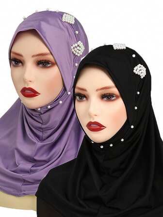 2pcs/Set Convenient Pullover Pearl Decor Geometric Pattern Muslim Hijab