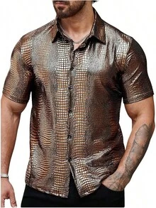 Men's 70s Disco Top Pattern Button Down Short Sleeve Shirt Rave Party PU Leather-Shirt - Bronze - View 11