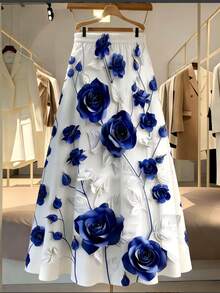 Women's Elegant Long Flared Skirt, Made Of Non-Stretch Polyester Fabric With Eye-Catching 3D Blue & White Printed Pattern, Creating A Casual Style Vacation - White - View 7