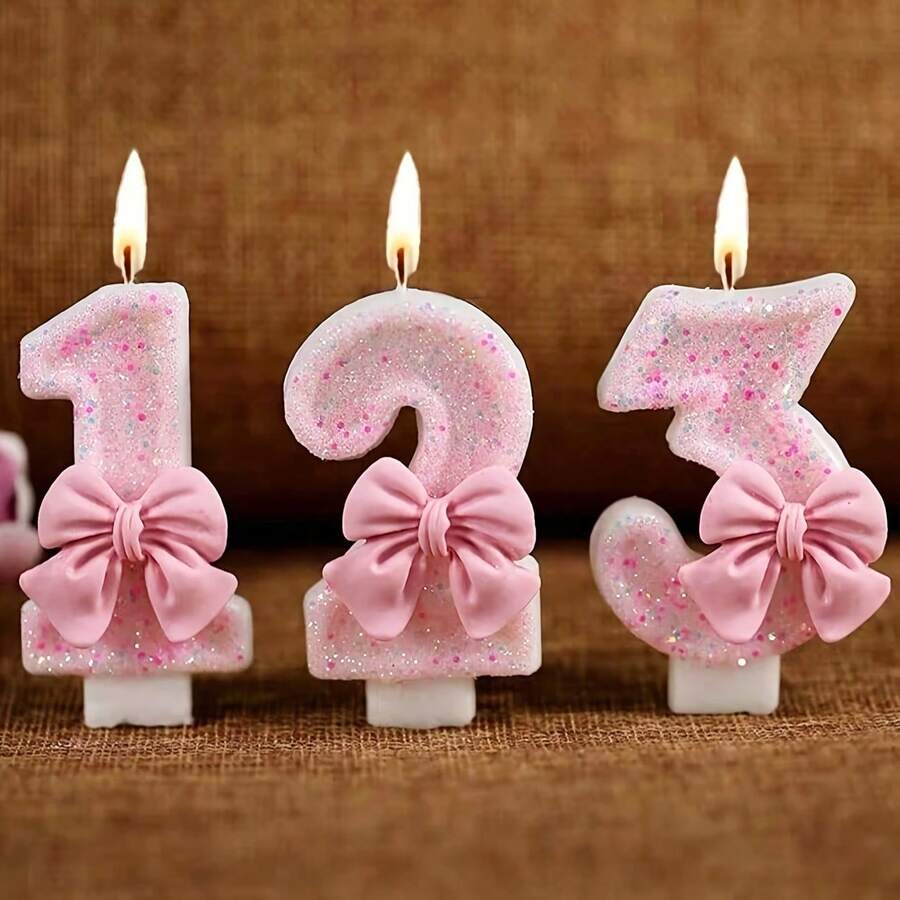 1件公主風粉色蝴蝶結數字蠟燭，亮粉設計，甜美少女風，周歲生日派對蛋糕裝飾道具，適用生日派對與結婚週年慶祝