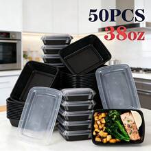 50-Pack 38oz Black Rectangular Food Storage Containers With Lids: Disposable Plastic Lunch Boxes, Stackable & Leak-Proof, Microwave/Dishwasher Friendly – Perfect For Kitchen Storage, Camping & Holiday Parties (50 Boxes + 50 Lids) - Black - View 12