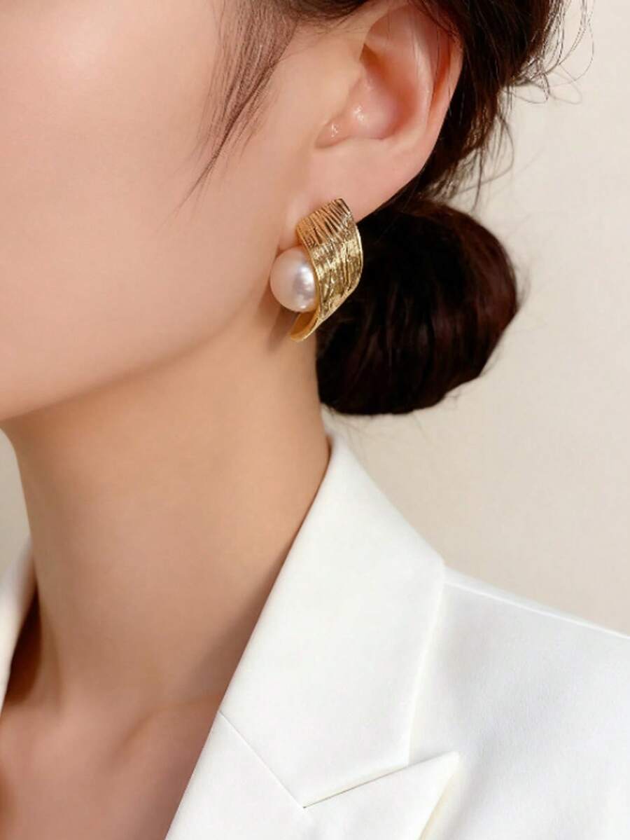 1 par de pendientes de perla con diseño minimalista y versátil, adecuados para citas, fiestas y banquetes - Dorado - Ver 1