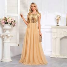 hezixi Women's Sequined Mesh Patchwork Evening Party Dress Elegant Formal Prom Wedding Guest Gown, For Graduation, Dinner - Champagne - View 11