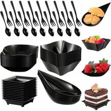 Yolev - Juego de 200 platos de aperitivos con cucharas, tenedores, platos de postre reutilizables de plástico de forma variada, platos pequeños, bandejas de aperitivos para bodas, eventos de - 1 - Ver 2