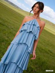 Vestido Longo Elegante e Romãntico de Convidada de Casamento, Gola Halter Sólida e com Camadas de Chiffon tecido crepenha ano novo, reveillon, natal, verão, férias